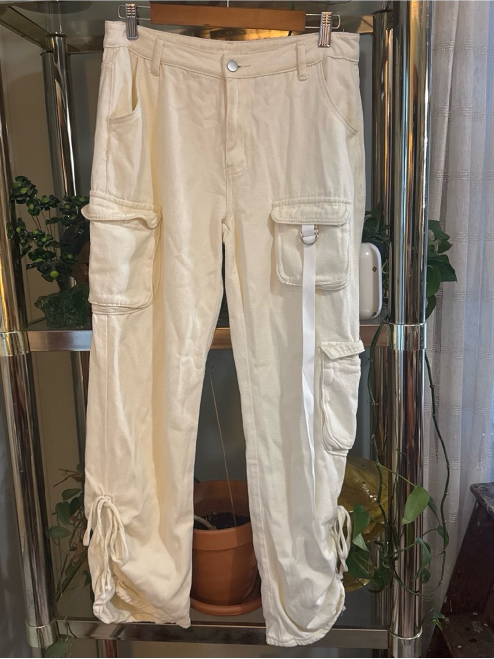 Cream Cargo Pants with Drawstring Hem